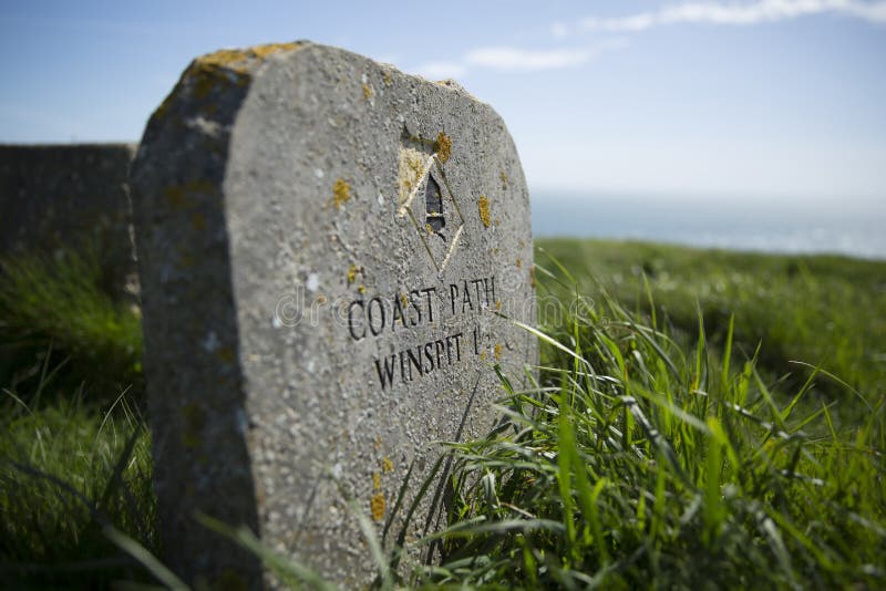 South West Coast Path marker at Saint Aldheims Head near the Square Chapel, St Alheims Head, Dorset, United Kingdom - 30th April