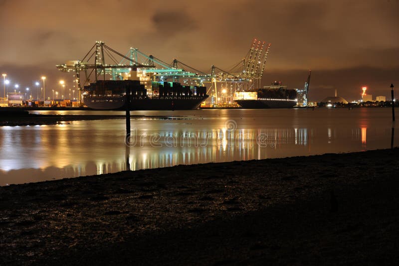 Southampton commercial container port by night.