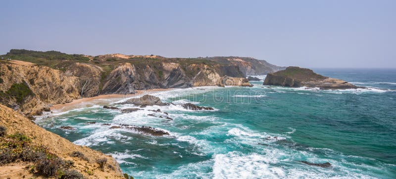 Scenic seascape of Praia dos Alteirinhos, near Zambujeira do Mar, Costa Vicentina, Portugal stock photo Scenic seascape of Praia dos Alteirinhos, near Zambujeira do Mar, Costa Vicentina, Portugal stock photo