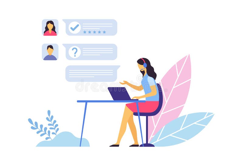 Soutien à la clientèle. Opérateur de centre d'appels assis au bureau avec ordinateur portable et à la communication avec les clien illustration stock