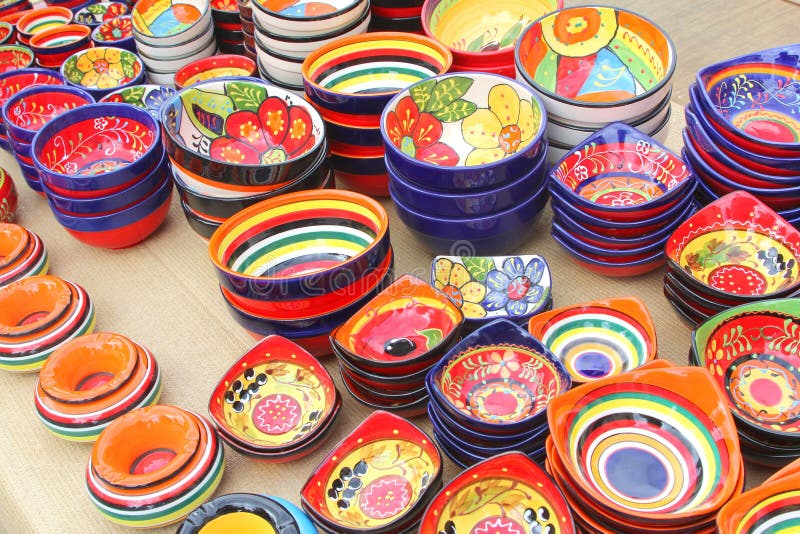 Colorful hand made ceramic pottery for sale at the weekly markets at the isle of Mallorca, Spain. Colorful hand made ceramic pottery for sale at the weekly markets at the isle of Mallorca, Spain