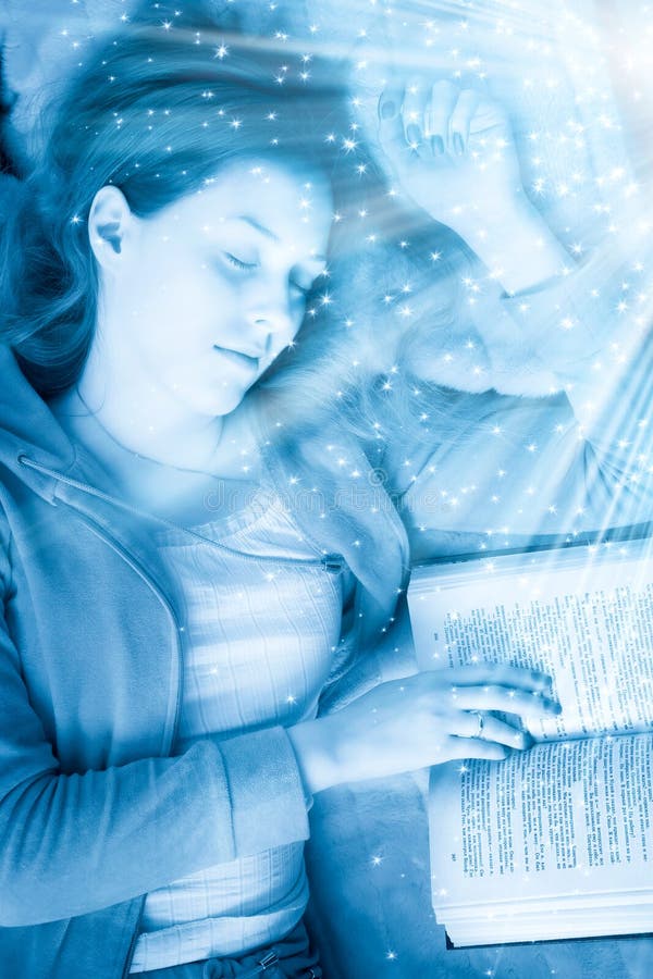 Young sleeping woman with book. Blue tint and small fairy stars. Young sleeping woman with book. Blue tint and small fairy stars.