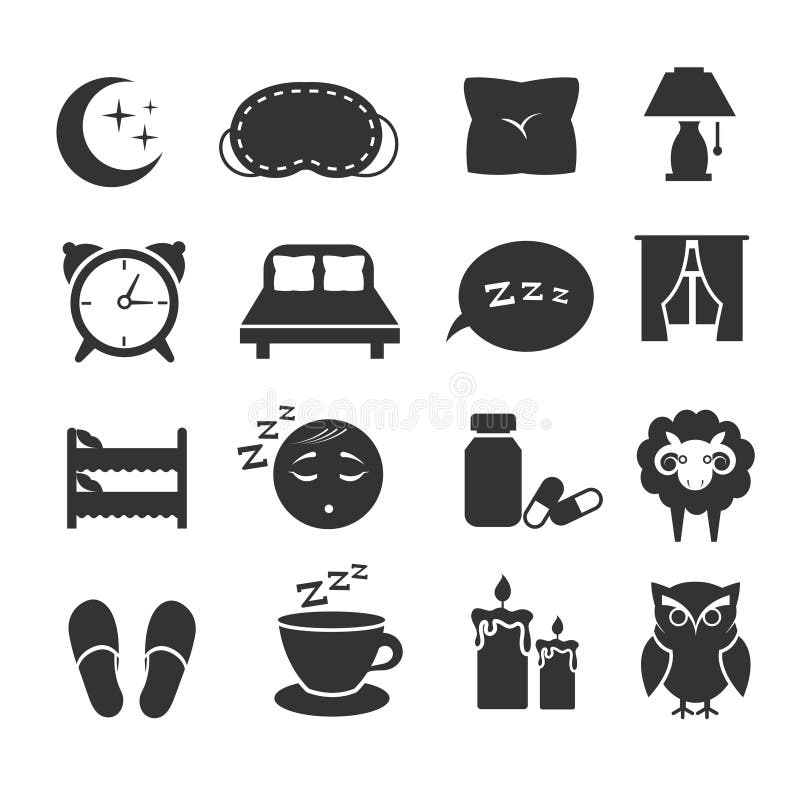 Sleep, night relax, pillow, bed, moon, owl, zzz vector icons sleeping symbols set. Bedroom for rest, clock and moon with star illustration. Sleep, night relax, pillow, bed, moon, owl, zzz vector icons sleeping symbols set. Bedroom for rest, clock and moon with star illustration