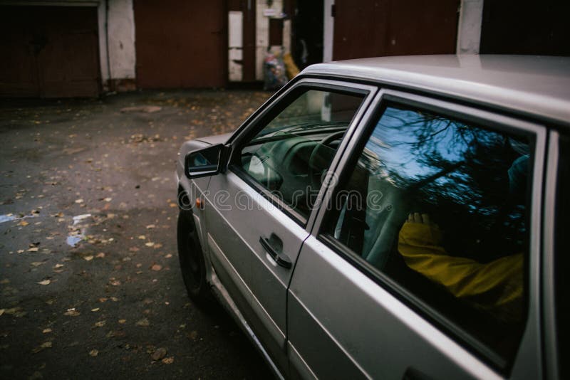Soviet car stands near the garage, Hight quality shot stock photography