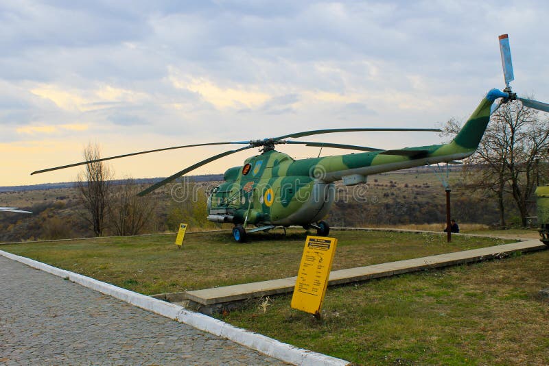 Soviet military helicopter in park. Yuzhnoukrainsk, Ukraine