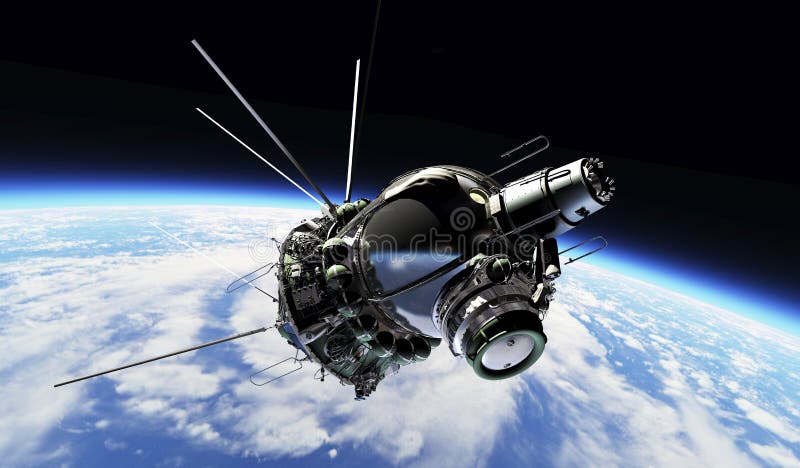 Soviet spacecraft at the Earth orbit. 3D Illustration.