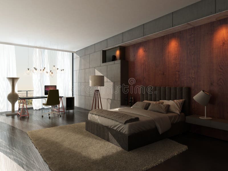 Sovruminre för modern design med trä och stenväggen stock illustrationer