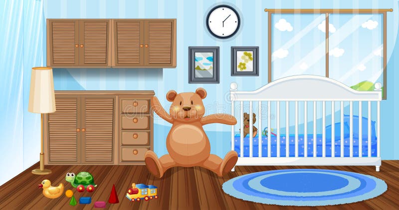 Sovrumplats med vita babycot och dockor vektor illustrationer Sovrumplats med vita babycot och dockor vektor illustrationer