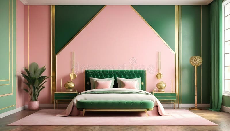 Sovrumsinredning. Art deco-format. design med grön rosa och guldfärgad 3d-rendering. En vacker illustration av sovrummets insida. genererad med ai.