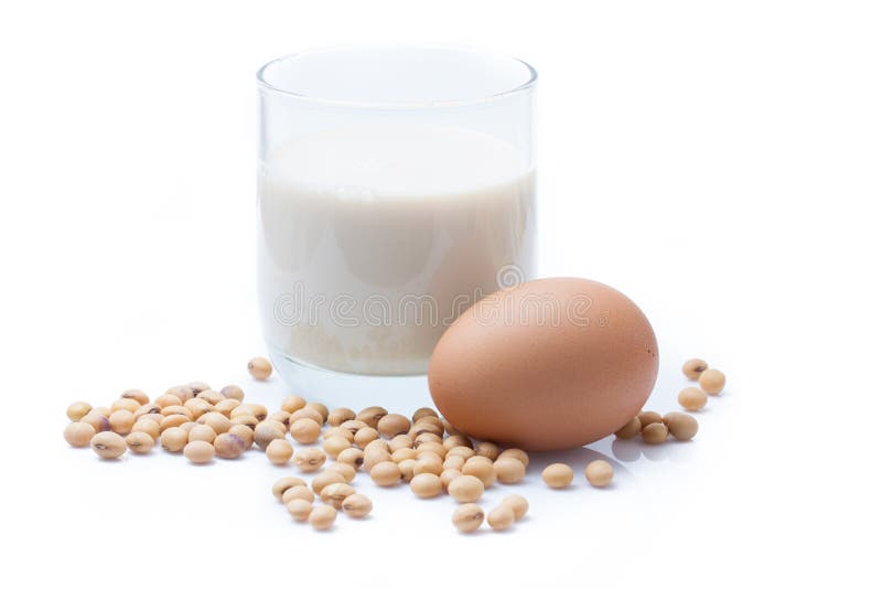 Soy Milk, Soy Bean and Egg Protein Nutrient Set Isolated on Whit Stock