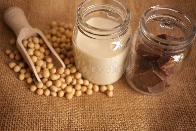 Soy Milk with Soy Beans on White,healthy Concept. Benefits of Soy. Protein Drinking Stock Image