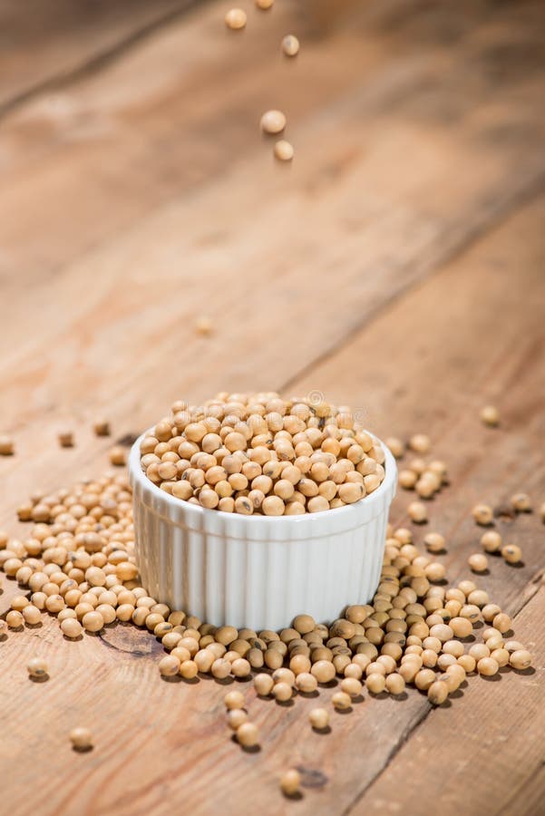Soy Milk or Soya Milk and Soy Beans on Wooden Table. Stock Image
