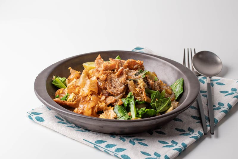 Soy Sauce Noodles with Pork in a Black Plate Stock Image Image of