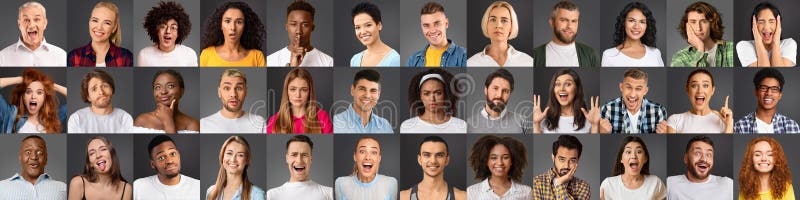 Soziale Vielfalt und Vielfalt. Gruppe von Menschen unterschiedlicher Nationalität, die Emotionen mit grauem Hintergrund zeigen lizenzfreie stockfotos