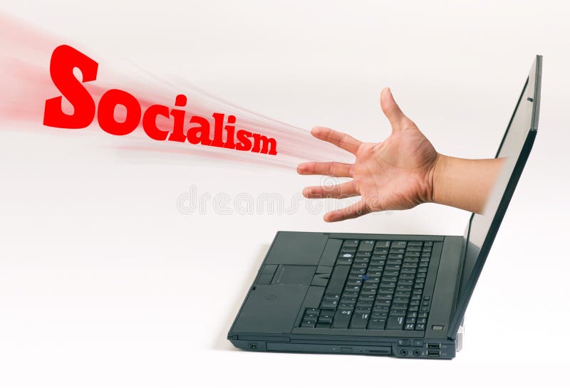 Hand coming out of computer pushing Socialism. Hand coming out of computer pushing Socialism