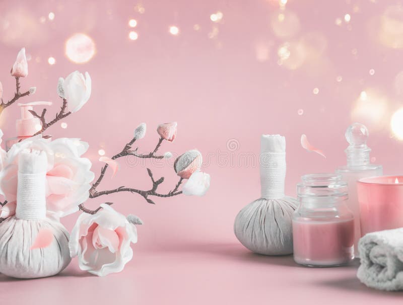 Spa Background with Body Care Tools , Flowers and Cosmetic at Pastel Pink  Background with Blossom Branches and Bokeh. Beauty Stock Image - Image of  accessories, body: 174021063