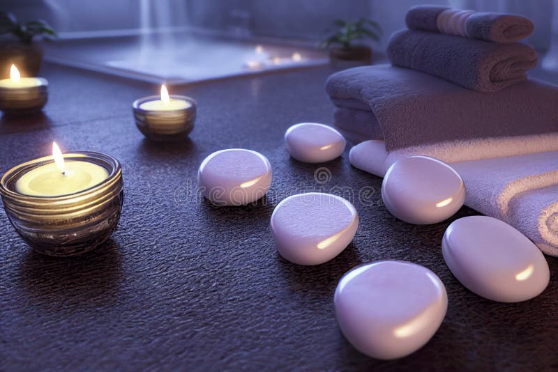 Spa Beauty Items On A Table Massage Stones Essential Oils Salt