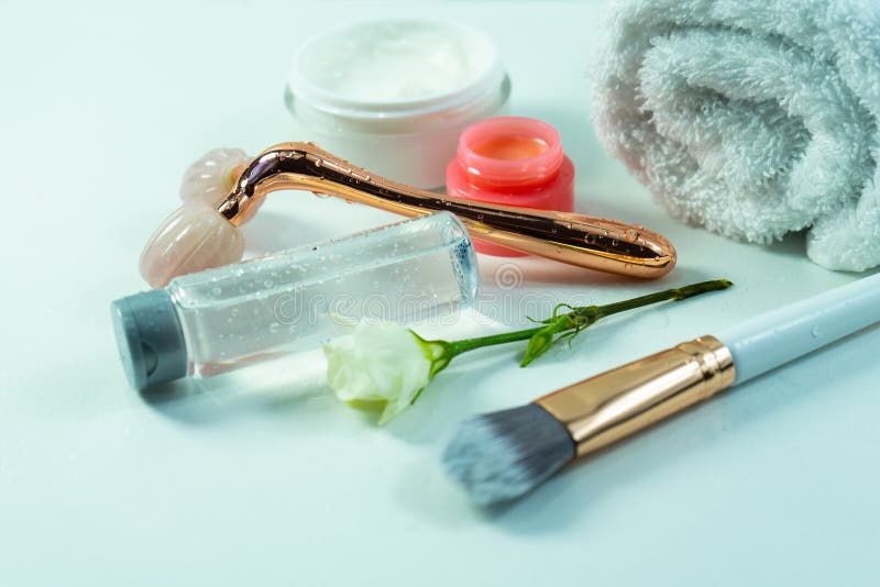 SPA and Beauty Products and Items. Cream and Various Bottles of Cosmetics. Taking Care of Your 