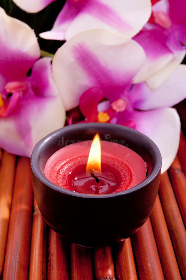 Spa Candle and Orchid Flower for Aromatherapy Stock Image Image of