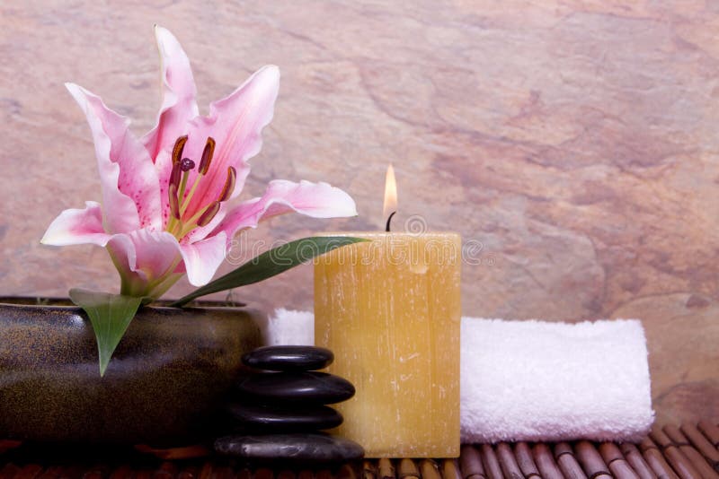 Polished Hot Massage Stones and Candle in a Spa Stock Image Image of