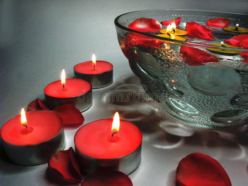 Spa Candles in Bowl with Water and Flowers Stock Image Image of care