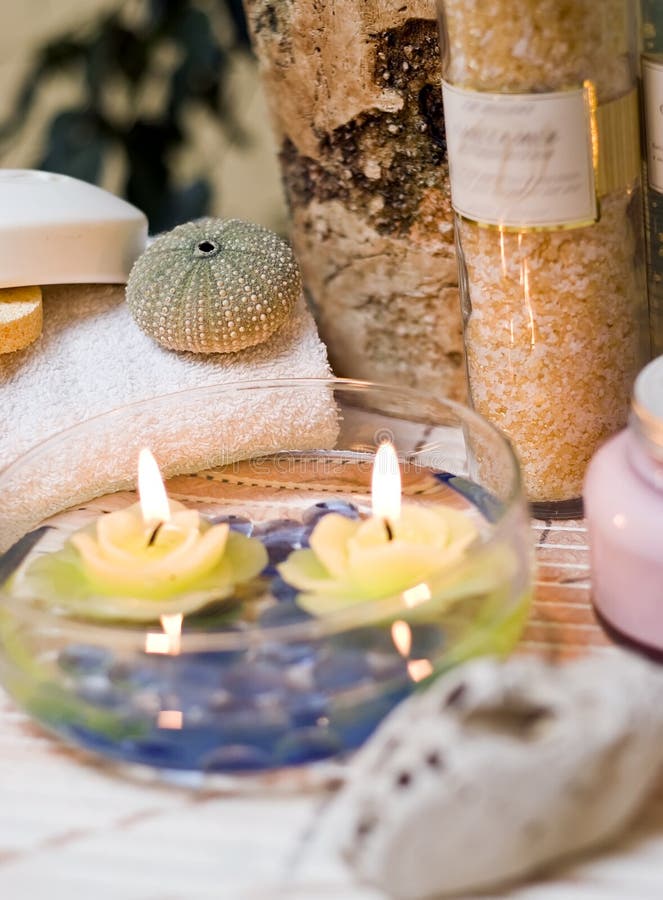 Spa candles and shell stock image. Image of blue, hotel 4024261