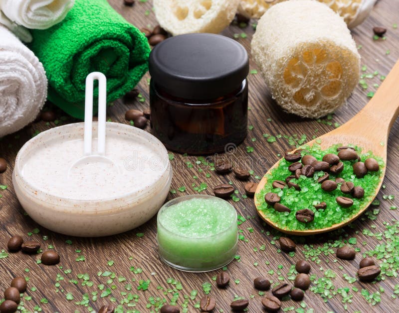 Spa and cellulite busting products on wooden surface stock photo Spa and cellulite busting products on wooden surface stock photo