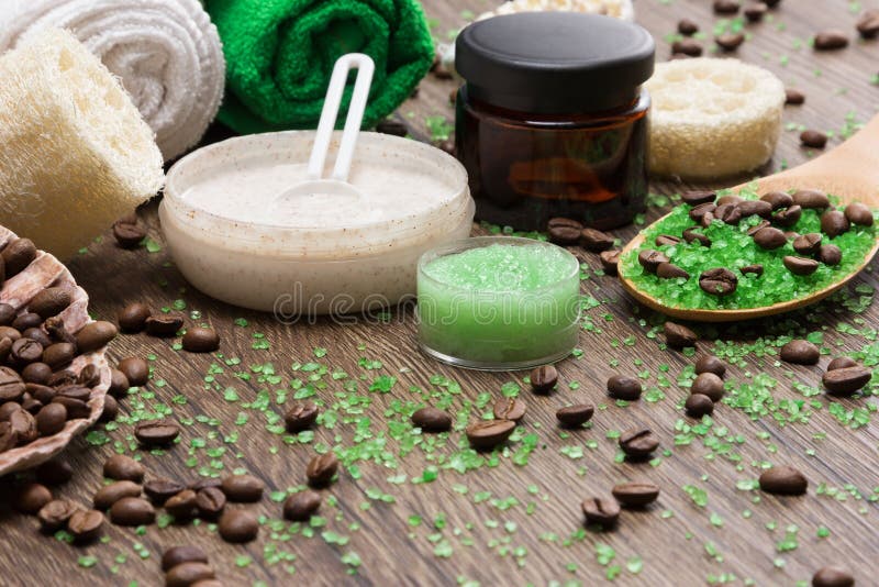 Spa and cellulite busting products on wooden surface stock photos Spa and cellulite busting products on wooden surface stock photos