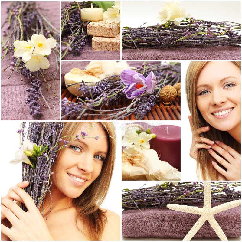 Spa collage - beautiful woman face, flowers