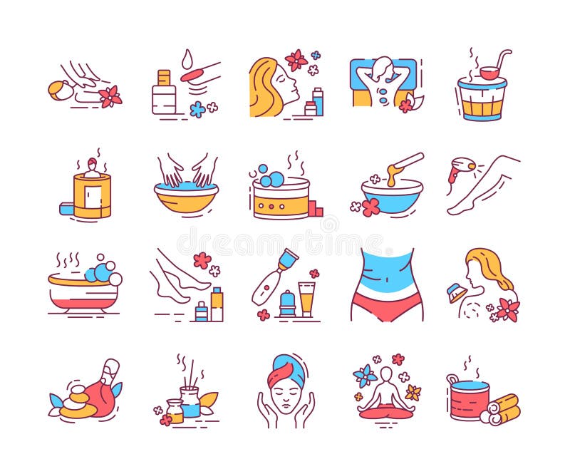 SPA color line icons set. Beauty treatment service. Pictogram for web page, mobile app, promo. UI UX GUI design element. Editable royalty free illustration SPA color line icons set. Beauty treatment service. Pictogram for web page, mobile app, promo. UI UX GUI design element. Editable royalty free illustration