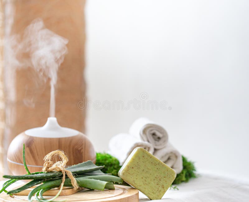 Spa Composition with Aromatherapy and Body Care Items Stock Photo