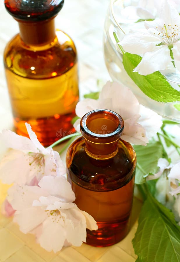 Spa composition of bottles and flowers