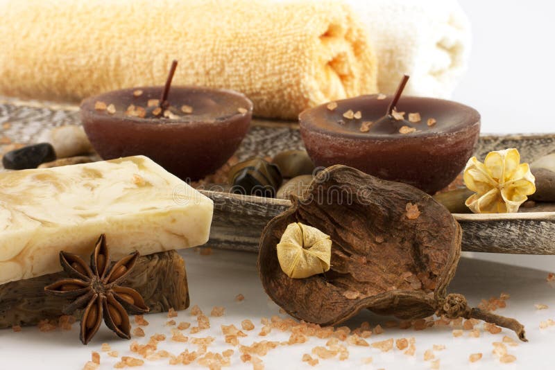 Spa still life with bath towels and soap stock photography