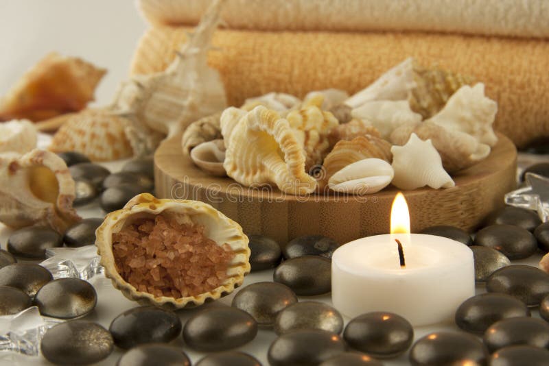 Spa composition with salt, seashells and candle