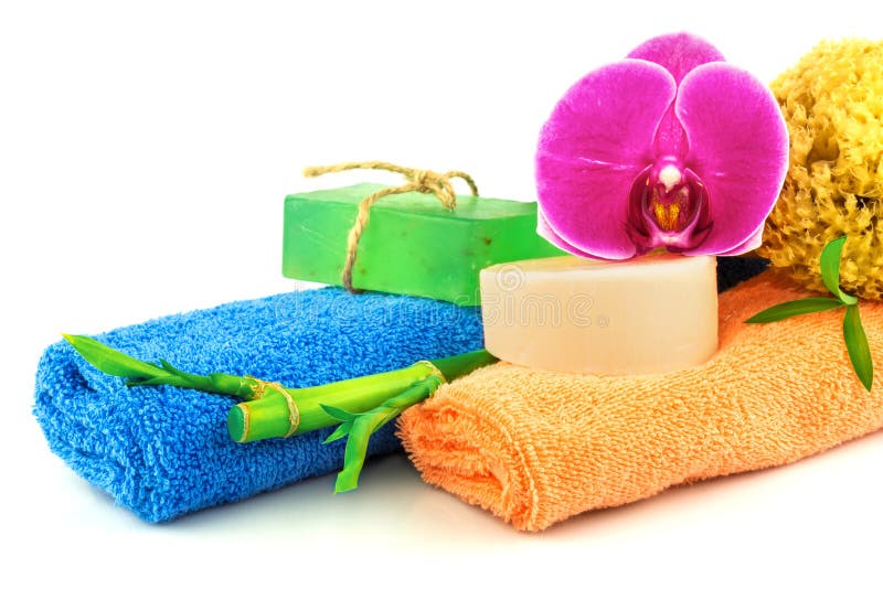 Spa concept from colorful towels and shower products