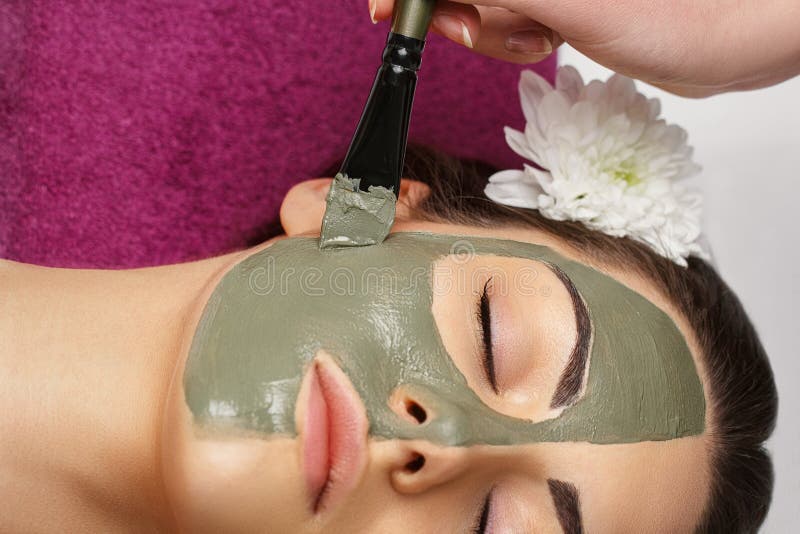 Spa concept. Young woman with nutrient facial mask in beauty salon, close up.