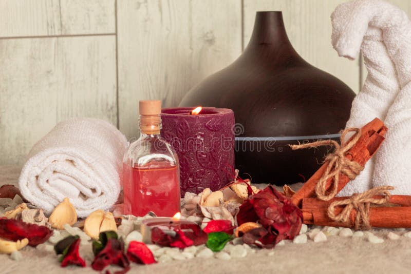 Spa Essentials For Aromatherapy Including Towel And Natural Oil Stock Image Image Of Massage