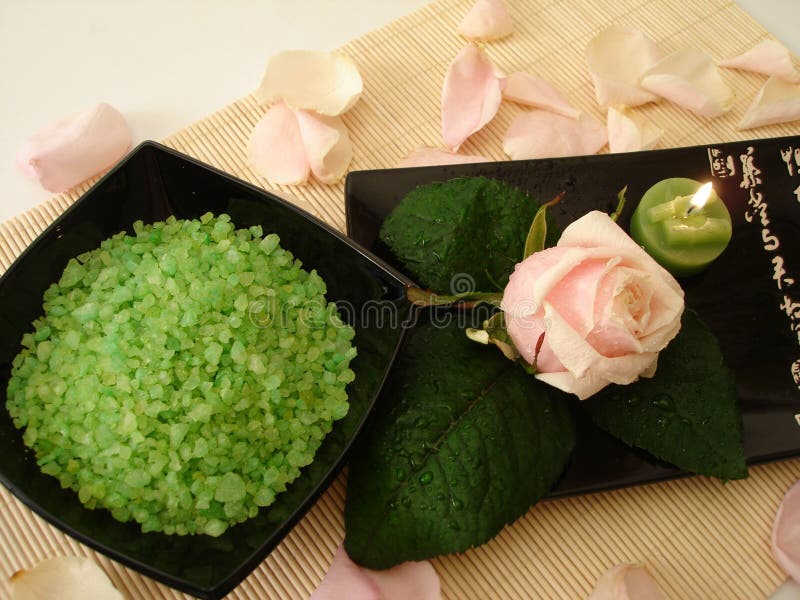 Spa essentials (green salt, and pink rose with candle)