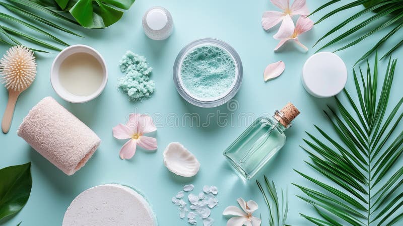 Spa essentials and natural elements on a pastel background royalty free stock photo