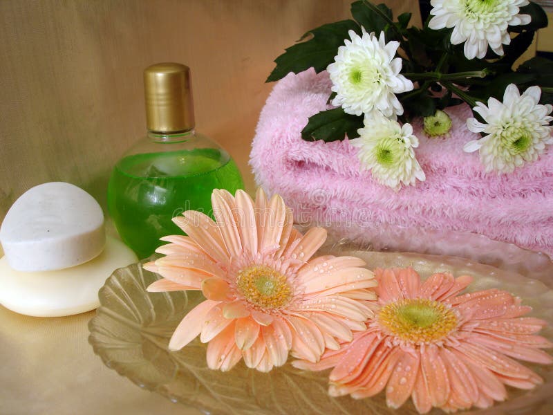 Spa essentials (soap, bottle of shampoo and towel with flowers)