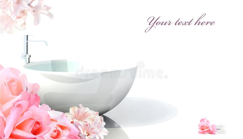 Spa setting for commercials with bathtub and pink flowers as a frame with your text here. Spa setting for commercials with bathtub and pink flowers as a frame with your text here