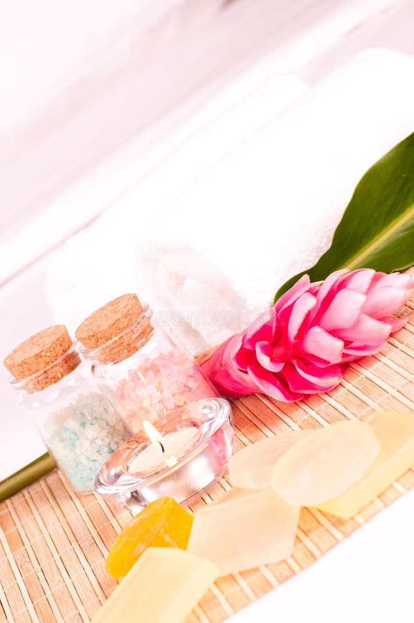 Spa Getaway with Pink Ginger Flower and Soaps Stock Image Image of