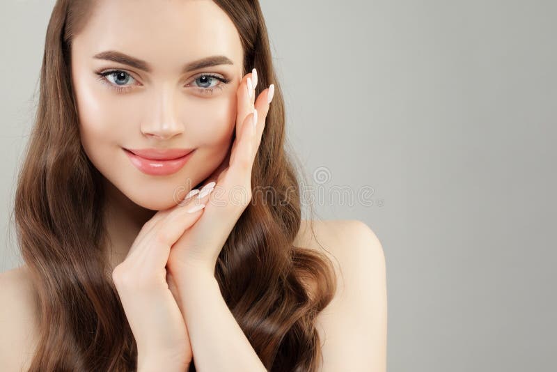 Spa Model Woman with Clear Skin and Manicured Nails on Gray Banner  Background Stock Image - Image of hairstyle, clear: 151970565