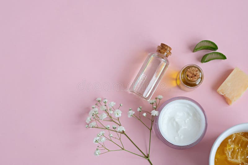 Spa Natural Skin Care Products on Pink Background, Cosmetic Products -  Cream, Oil and Honey Creative Layout Stock Image - Image of cream,  cosmetic: 138018659