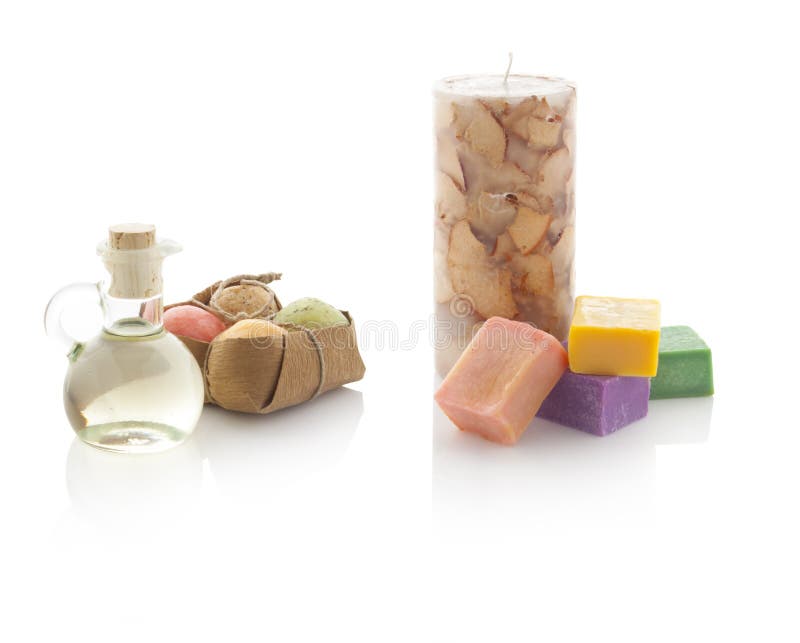 Spa Oil in Bottles with Scented Candles and Soaps. with PS Paths Stock