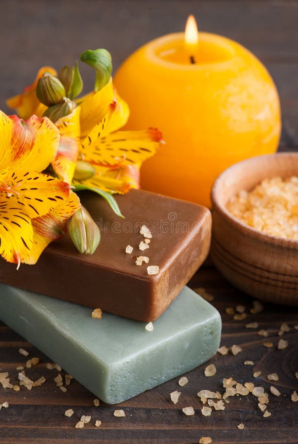 SPA organic products with flowers, bath salt royalty free stock image SPA organic products with flowers, bath salt royalty free stock image