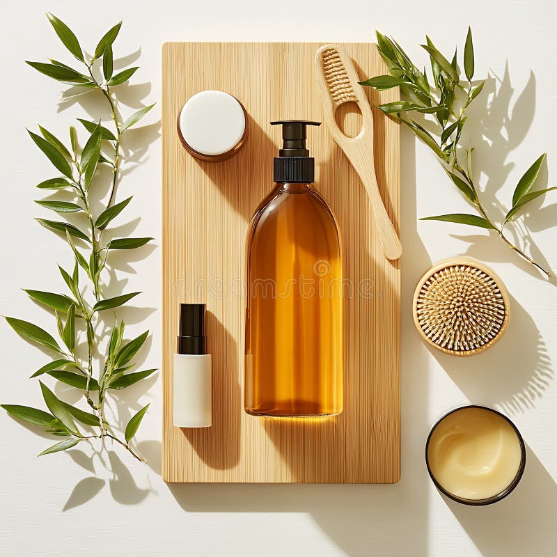 Spa orgánico natural Productos de belleza Botellas Wellness Aceite de bambú Vista superior Crema de suero Pincel Verde ilustración del vector