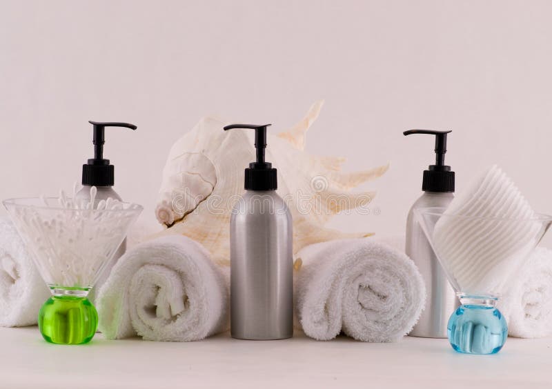 Various professional spa products arranged on a white background. Various professional spa products arranged on a white background