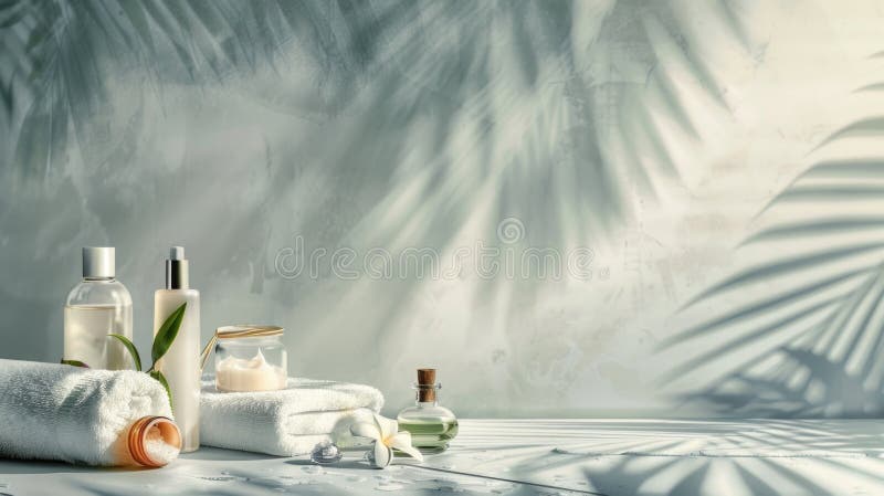 A set of spa treatment supplies including relaxing bath products, luxurious body oils, and pampering cosmetics. Perfect for a tranquil self-care experience. Pampering experience stock images, royalty-free photos and pictures