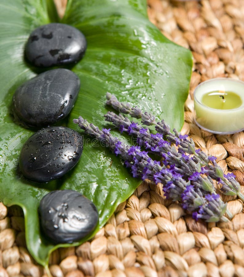 Spa rocks lavender leaf on matte in studio